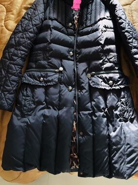 Betsey Johnson gray Quilted Long Puffer Coat with Ruffle Trim